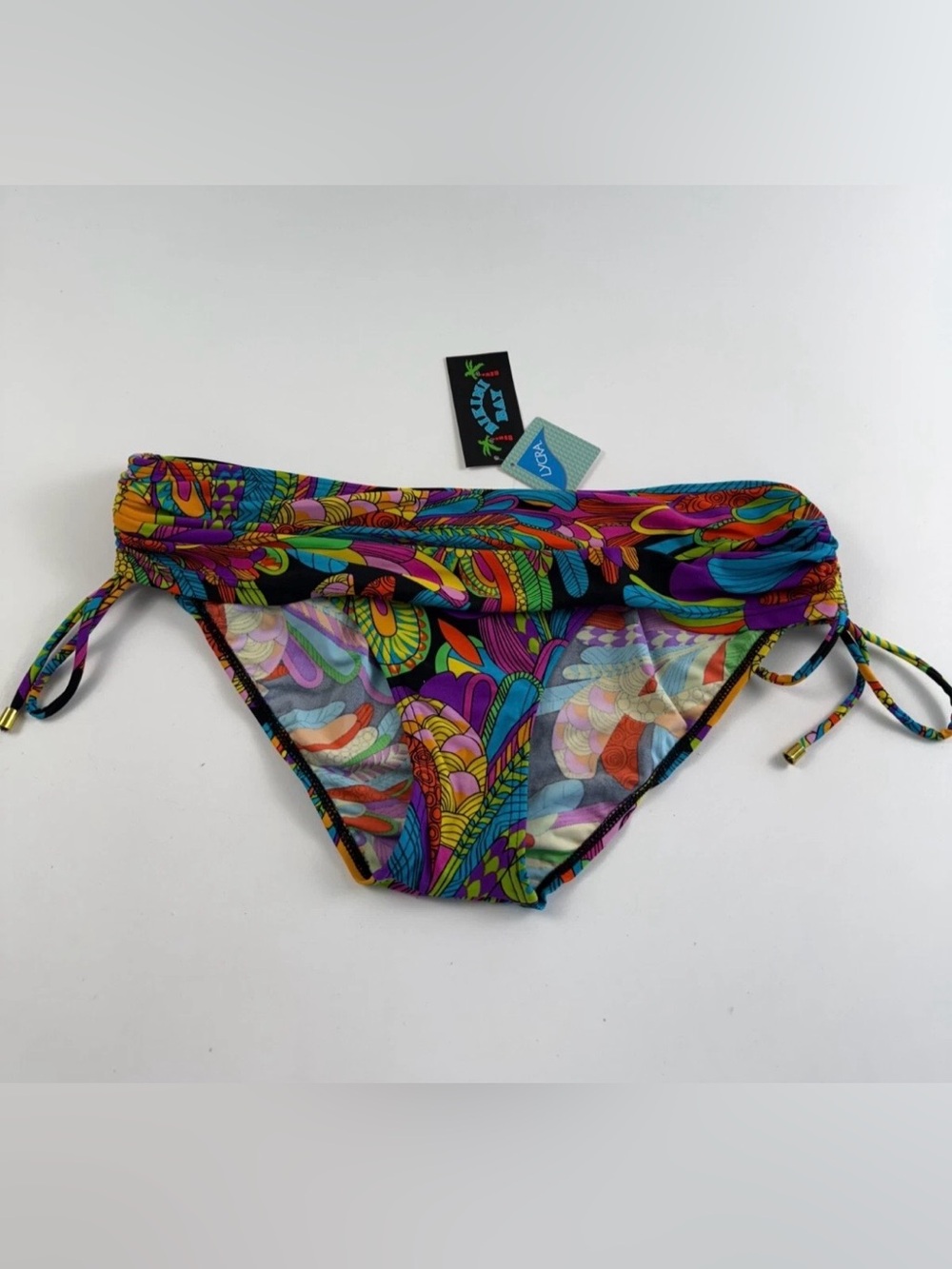 Bikini Bay Taux Tie Skirted Bikini Bottom Funky Feathers Multicolor Size 16 NWT